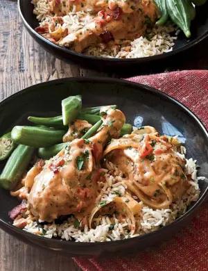 Four Cheese Bacon stuffed smothered Chicken Casserole