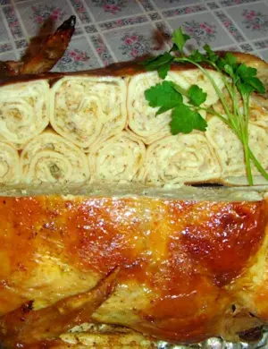 Курица галантин фаршированная блинами