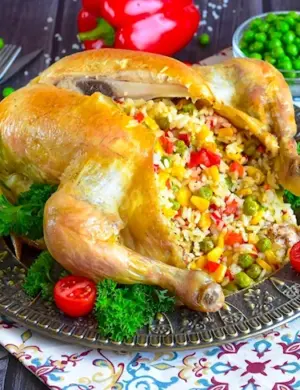 Курица в духовке с рисом целиком