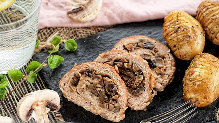 Мясной рулет с грибами и сыром