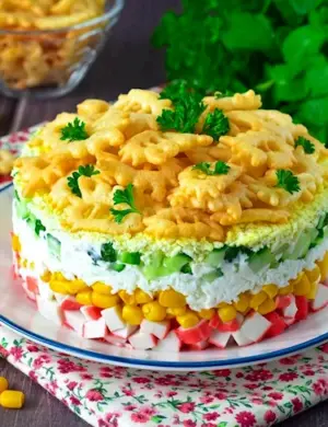 Слоеный салат с крабовыми палочками