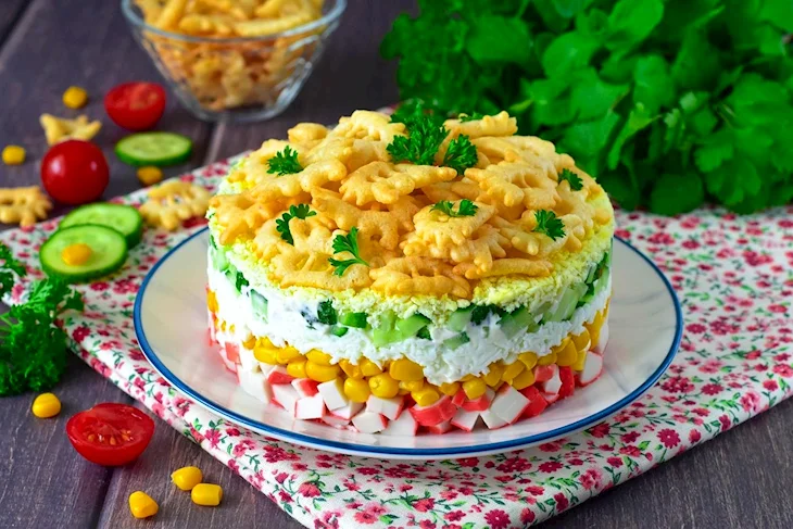 Слоеный салат с крабовыми палочками